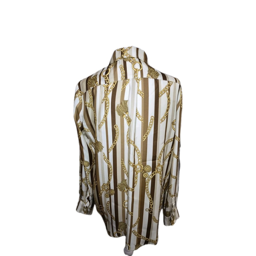 J Mclaughlin Silk Blend Shirt Women Sz Medium Gold Chain Scarf Print‎ Boho Chic - Picture 5 of 7